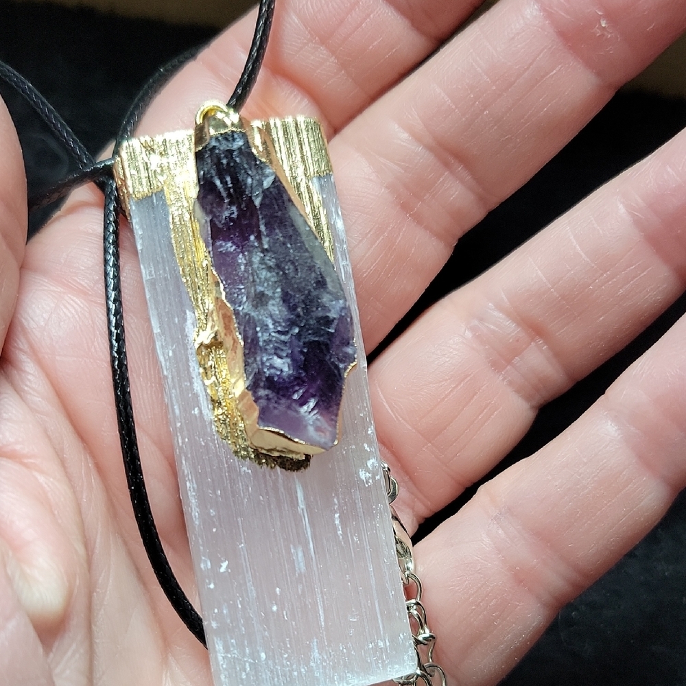 Amethyst and Gold Accent Selenite Necklace